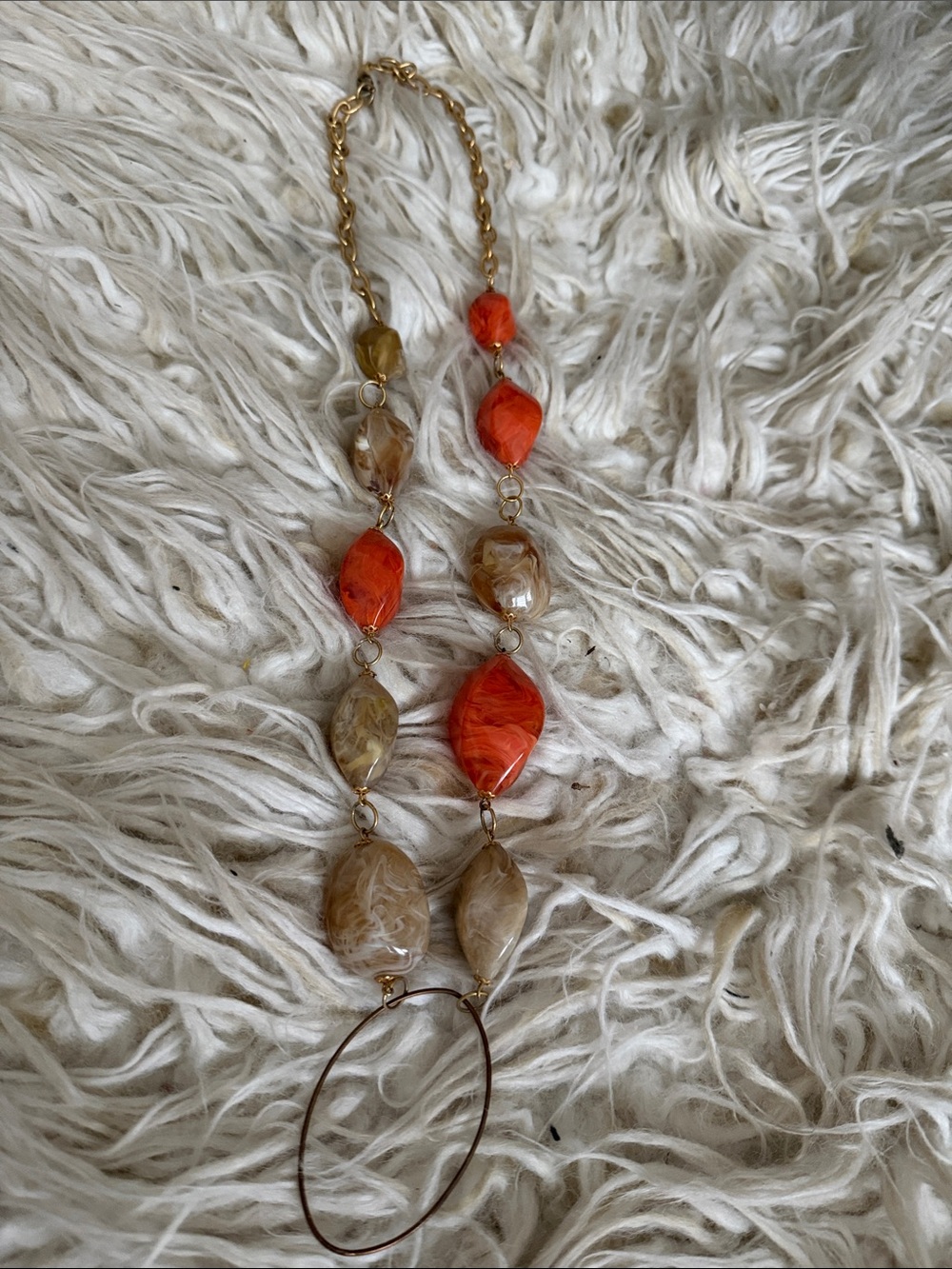 Gold Chain Necklace with Orange and Beige Resin Beads